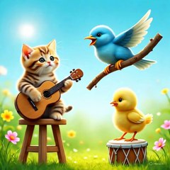 Cat 😺 and chick 🐥 and a bird 🕊️ enjoying 🎸🎶 music 🎶
