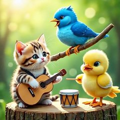 A cat 😺 and chick 🐥🐣 playing with a blue 💙 🐦🕊️🐦