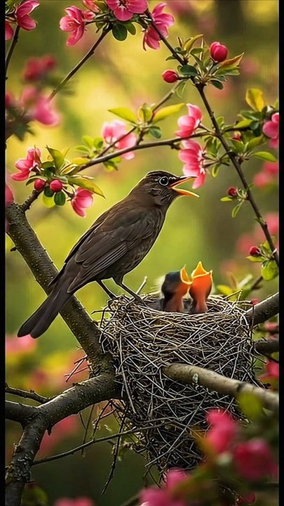 Blackbird Guards Her Nest Amid Blossoms   #birds #wildlife #blackbird