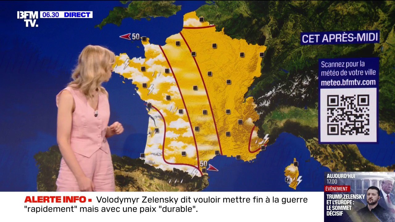 Des ondées orageuses sur la côte Atlantique, des orages sur les Pyrénées, les Alpes du sud ou la Corse et des températures moins étouffantes: la météo du lundi 18 août