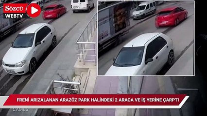 Freni arızalanan arazöz park halindeki 2 araca ve iş yerine çarptı