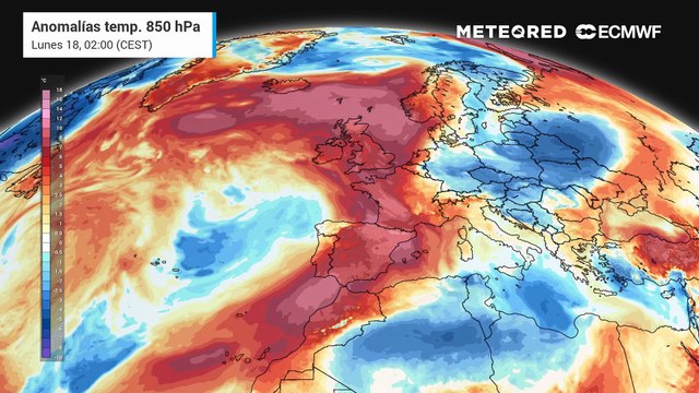 Anomalías de temperaturas previstas en 850 hPa, 1500 m, aprox., para los próximos días.