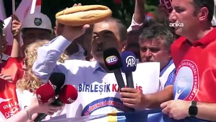 Birleşik Kamu-İş Konfederasyonu Genel Başkanı Orhan Yıldırım:  "85 milyona layık gördükleri ekmeğin parçası bu. Sermaye sahiplerine faiz lobilerine ayırdıkları ekmek bu. Biz bu denklemi kabul etmiyoruz"