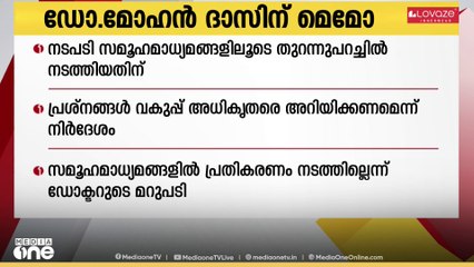 ഡോ. മോഹൻ ദാസിന് മെമോ; നടപടി സമൂഹമാധ്യമങ്ങളിലൂടെ തുറന്നുപറച്ചിൽ നടത്തിയതിന്