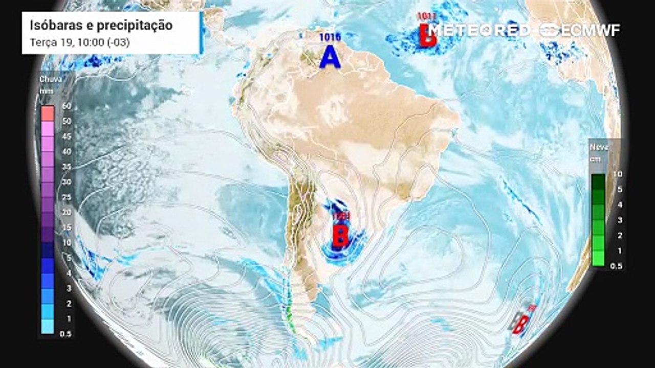 Terça, 19 de agosto: Previsão de nebulosidade, pressão a nível médio do mar e precipitação sobre o Brasil.
