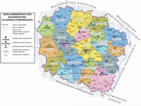 Map of Kuyavian–Pomeranian Voivodeship. Peta Provinsi Kuyavia–Pomerania. Kuyavian–Pomeranian Voivodeship Map. Mapa województwa kujawsko-pomorskiego. Carte de la voïvodie de Cujavie-Poméranie. Mapa da Voivodia da Cujávia-Pomerânia. クヤヴィ＝ポモージェ県の地図