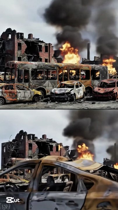 Destruction Unleashed: Burning Vehicles Amidst Ruins
