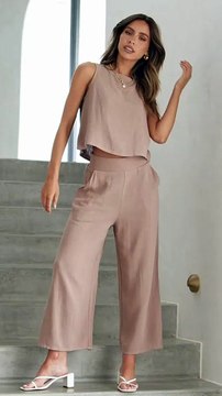 ANRABESS Women's Summer 2 Piece Outfits Sleeveless Tank Crop Button Back Top Cropped Wide Leg