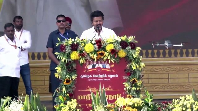 Tamilaga Vettri Kazhagam leader and actor Vijay addresses supporters and party workers gathered in Madurai