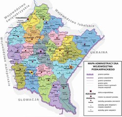 Map of Subcarpathian Voivodeship. Peta Provinsi Podkarpacie. Subcarpathian Voivodeship Map. Mapa województwa podkarpackiego. Carte de la voïvodie des Basses-Carpates. Mapa da Voivodia da Subcarpácia. Mapa del Voivodato de Subcarpacia. ポトカルパチェ県の地図
