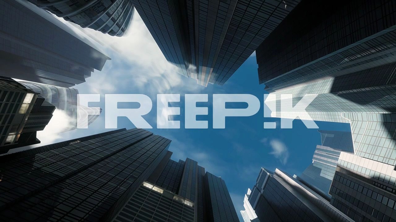 low angle view of the glass mirrored buildings. business center with clouds in the blue sky. zoom out