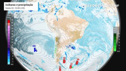 Sexta: 22 de agosto: Previsão de nebulosidade, precipitação e pressão a nível médio do mar entre os dias 22 e 24 de agosto.