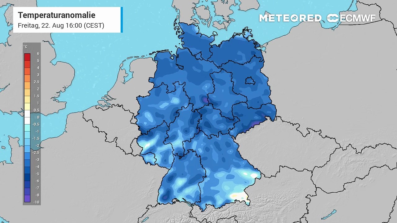 Die Temperatur-Anomalien im Vergleich zum langjährigen Klimamittel verdeutlichen, wie deutlich unterkühlt die nächsten Tage und vor allem die Nächte ausfallen werden.