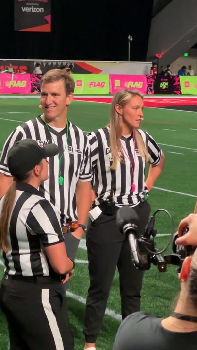 Eli Manning and Kylie Kelce serving as referees at the Toyota Glow-Up Classic in San Francisco