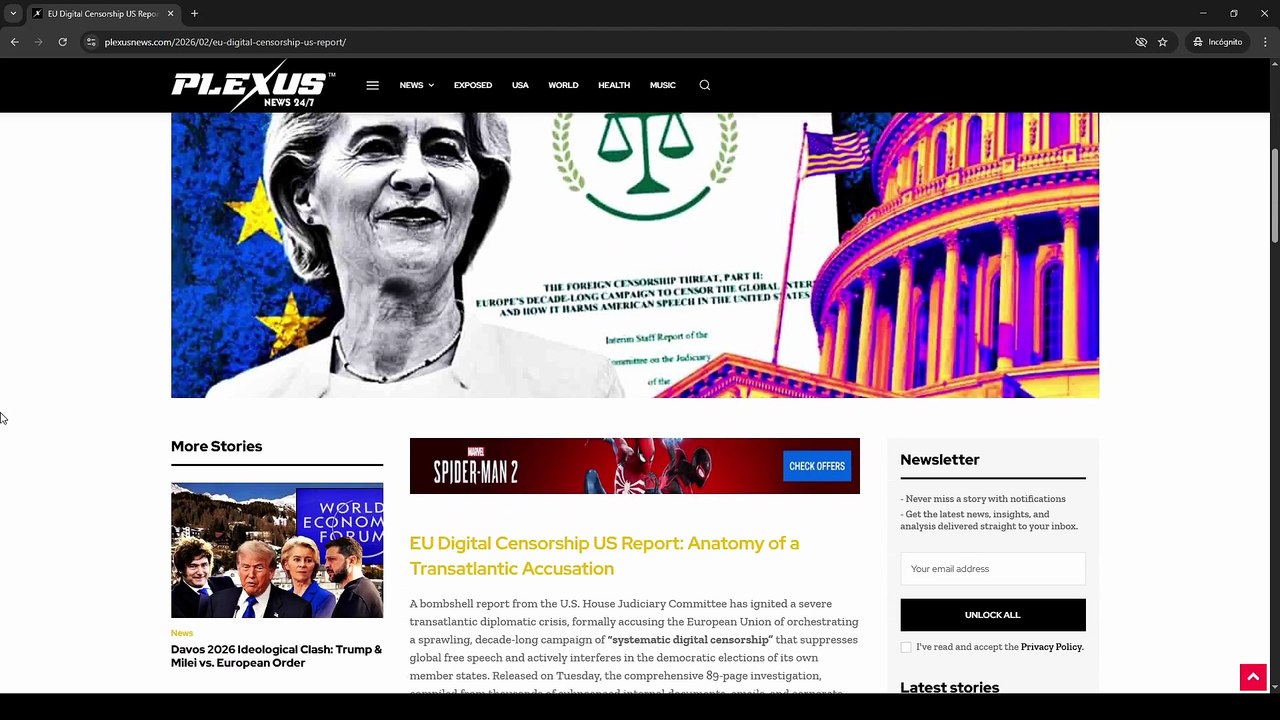 Plexus News: EU Digital Censorship - US Congress Bombshell Report