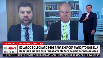 Eduardo Bolsonaro pede a Hugo Motta para exercer mandato dos EUA; Acacio e Motta comentam