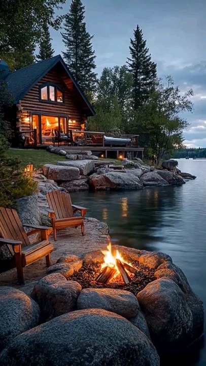 Log Cabin Resort by Serene Lake, Relaxing Lounge, Camping, Tourism, Vacation Activities.