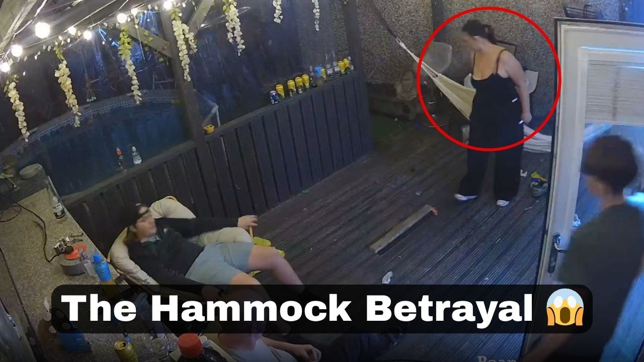 Woman attempts to relax in hammock but ends up falling backward onto the floor