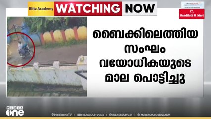 തൃശൂരിൽ ബൈക്കിലെത്തിയ സംഘം വയോധികയുടെ മാല പൊട്ടിച്ചു; ദൃശ്യങ്ങൾ പുറത്ത്