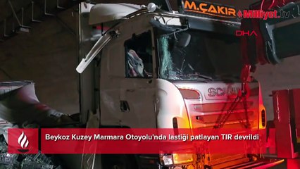 Kuzey Marmara Otoyolu'ndaki tünelde TIR devrildi, kilometrelerce kuyruk oluştu