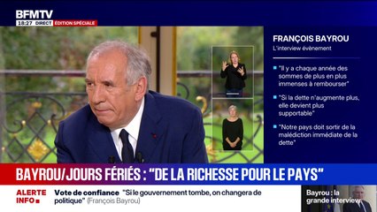 Jours fériés supprimés: "Je pense que ça pourrait être un (seul jour), sans difficulté", affirme François Bayrou