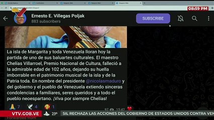 Min. Ernesto Villegas lamenta partida física del maestro Chelías Villarroel a los 92 años