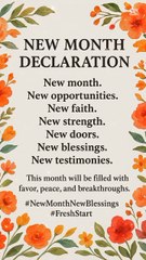 🌸✨ NEW MONTH DECLARATION ✨🌸New month. 🌙New opportunities. 🌟New faith. 🙏New strength. 💪New doors. 🚪New blessings. 💖New testimonies. 🎉This month will be filled with favor, peace, and breakthroughs. 🌼🌞#NewMonthNewBlessings #FreshSt