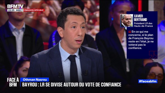 Vote de confiance: Notre responsabilité est de ne pas mêler nos voix à la gauche, l'extrême gauche et le Rassemblement national , lance Othman Nasrou (Les Républicains)