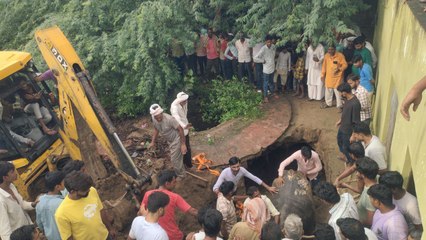 प्राचीन कुआं के पास अचानक गहरी गड्ढे में गिरी भैंस