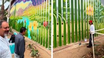 Artista mexicano se viraliza tras pintar su arte el muro divisorio entre México y Estados Unidos