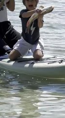 Kid Catches Fish Barehanded While Paddleboarding With Mom