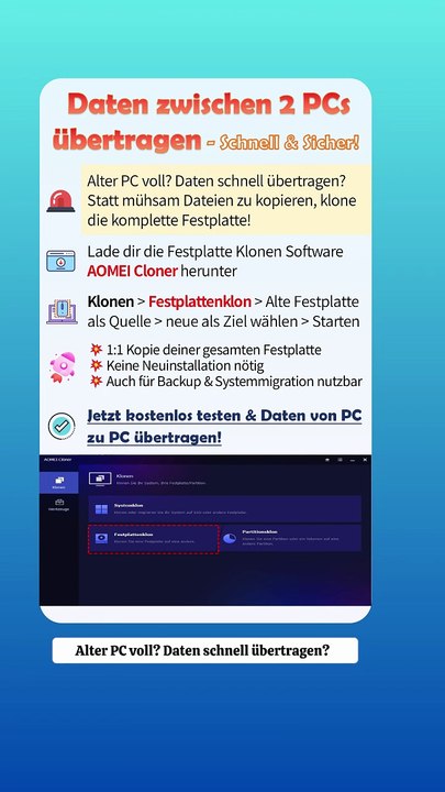 PC-Daten schnell übertragen: Festplattenklon mit AOMEI Cloner 💻💾