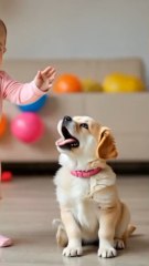 baby playing with puppy