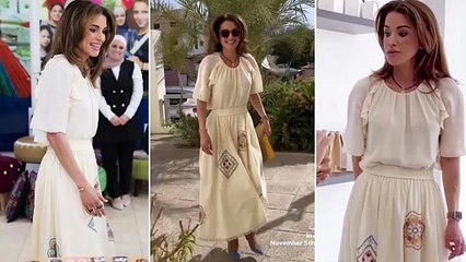 Rania di Giordania, camicetta arricciata e gonna con ricami: il royal look è movimentato