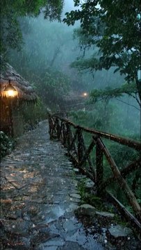 Misty Rainy Forest Path with Lantern-Lit, Rustic Stone Walkway, Wooden Railings, Lush Green Canopy.