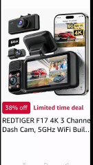 REDTIGER F17 4K 3 Channel Dash Cam, 5GHz WiFi Built-in GPS with 64GB Card, 2160P+1080P+1080P Front