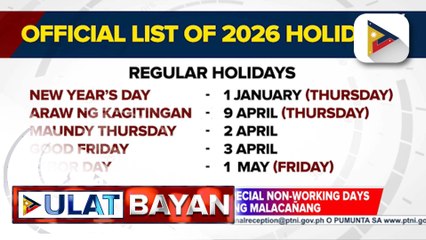 Malacañang, inilabas na ang listahan ng regular at special non-working holidays sa 2026