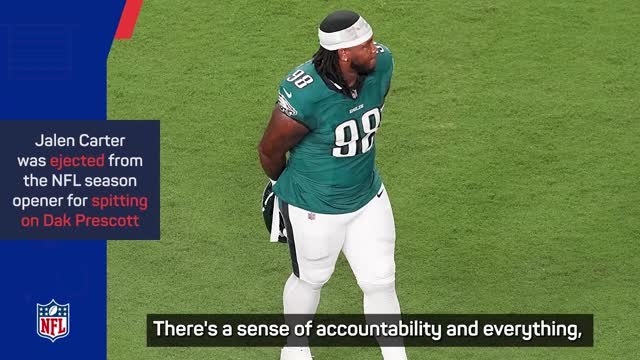 Hurts reacts to Eagles team-mate Jalen Carter's ejection