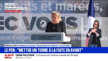 Budget: "Notre déficit et notre dette ne sont que la somme de toutes les lâchetés et de tous les renoncements des dirigeants des quatre dernières décennies", affirme Marine Le Pen
