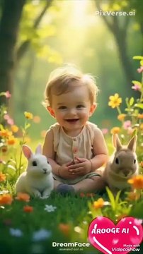 ✨ Cute Baby Playing with Rabbits in a Magical Forest 🐇🌿
