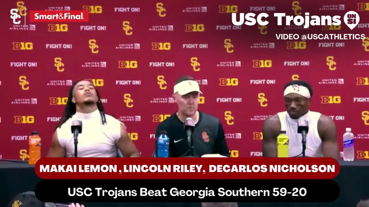 USC Trojans head coach Lincoln Riley, Makai Lemon, and DeCarlos Nicholson discusses the Trojans explosive plays