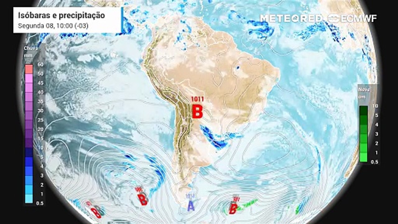 Segunda, 8 de setembro: Previsão de nebulosidade, precipitação e pressão a nível médio do mar entre segunda (8) e quarta-feira (10).