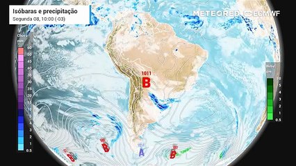 Segunda, 8 de setembro: Previsão de nebulosidade, precipitação e pressão a nível médio do mar entre segunda (8) e quarta-feira (10).