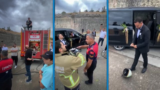 İtfaiye erinin düğün konvoyunun önünü itfaiye aracı ile kestiler