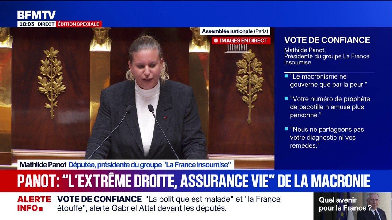 Vote de confiance: "La ruine que vous avez produite n'est pas uniquement économique, elle est aussi morale", lance Mathilde Panot (LFI) à François Bayrou
