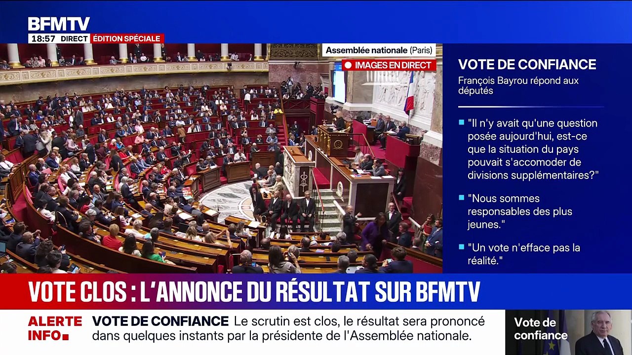 Yaël Braun-Pivet, présidente de l'Assemblée nationale, annonce que le vote de confiance à François Bayrou et son gouvernement est rejeté par les députés, ce lundi 8 septembre 2025.