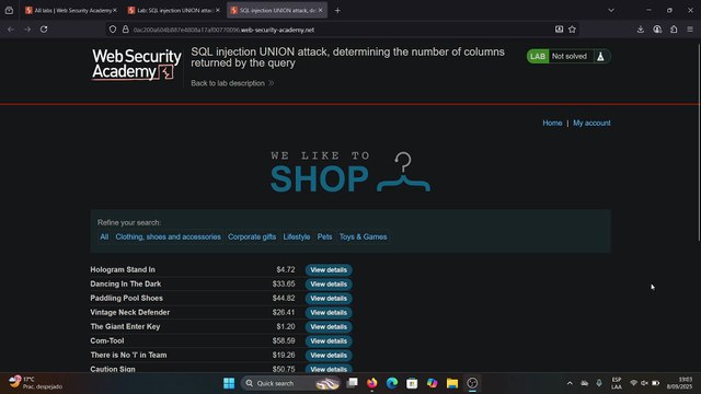 SQL injection UNION attack, determining the number of columns returned by the query