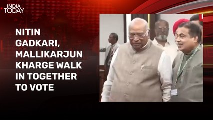 Nitin Gadkari, Mallikarjun Kharge share laughs before casting votes in Veep election