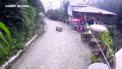 Artvin'de heyelan anı kamerada: Kayalar işletmeye ramak kala durdu