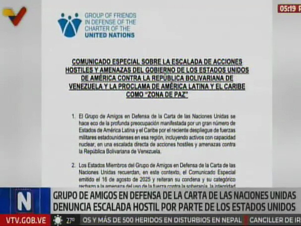 Grupo de Amigos en Defensa de la Carta de las Naciones Unidas condena la escalada hostil de EE.UU.
